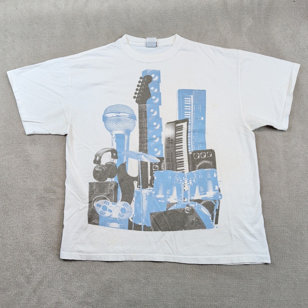 Most XL Y2K Graphic Tee White Blue Musical Instrument Guitar Drums Streetwear